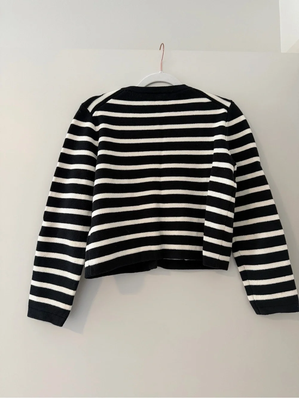 J. Crew Black & White Striped Crewneck Cardigan with Gold Buttons